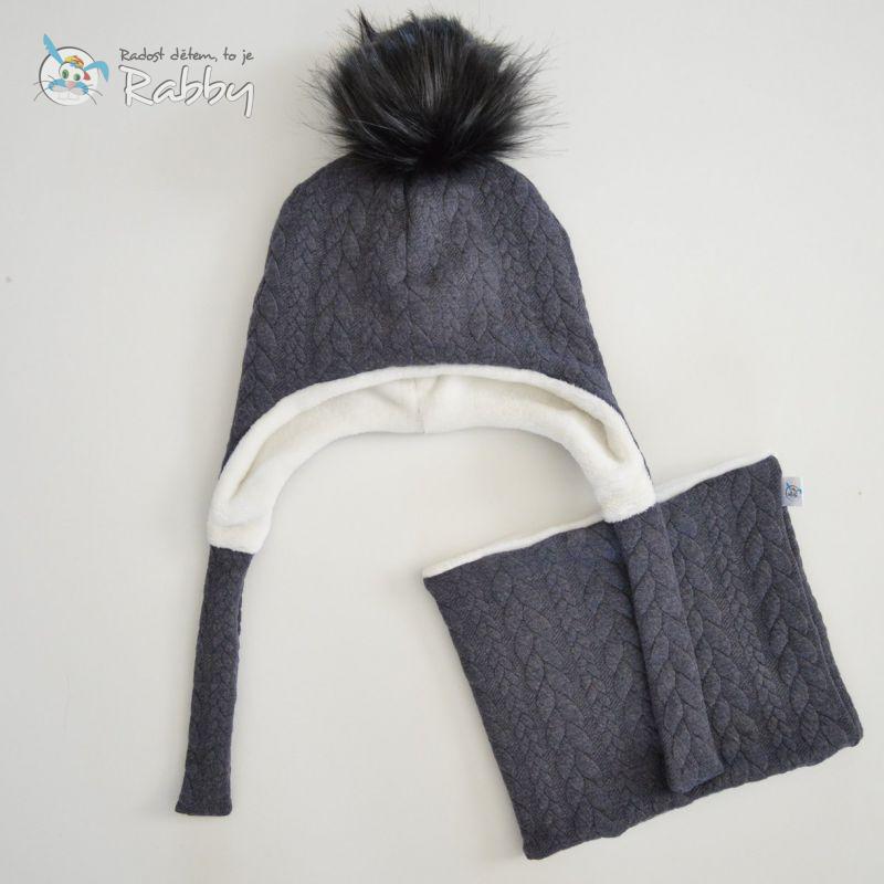 Set zimní ušanky a nákrčníku šedomodré copy vel. 49-51