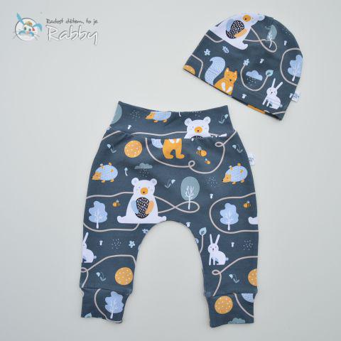 Mimi set baggy + čepička medvěd a liška na šedomodré vel. 68