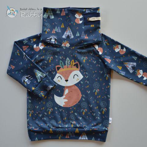 Mikina s vysokým límcem liška se zvířátky na modré vel. 86