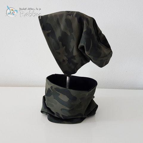 Set homeless čepice a nákrčníku zelený maskáč vel. 48 (obvod hlavy 47-50 cm)