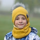 Set zimní čepice a nákrčníku hořčicová pletenina vel. 46 (obvod hlavy 45-48 cm)