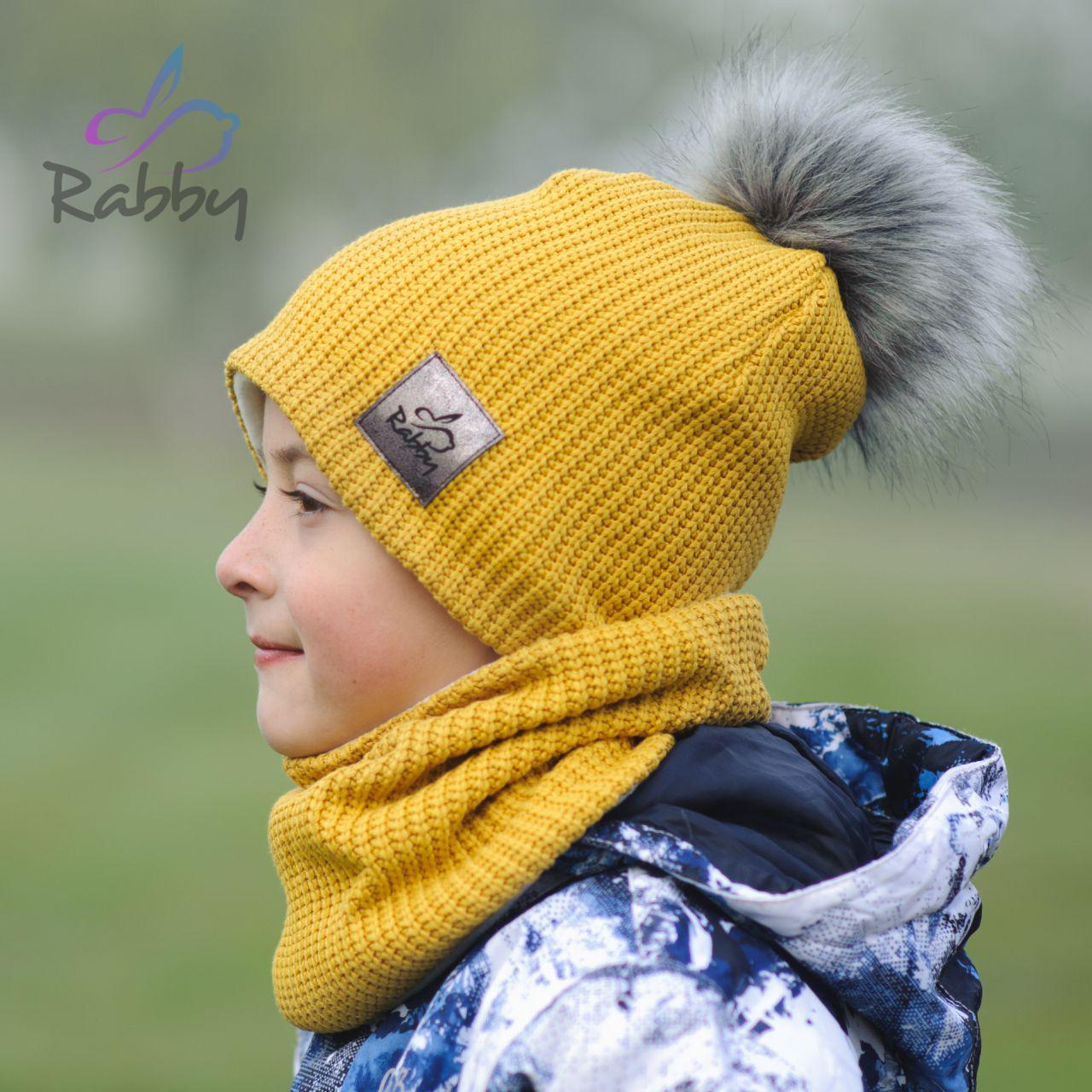 Set zimní čepice a nákrčníku hořčicová pletenina vel. 44 (obvod hlavy 43-46 cm)