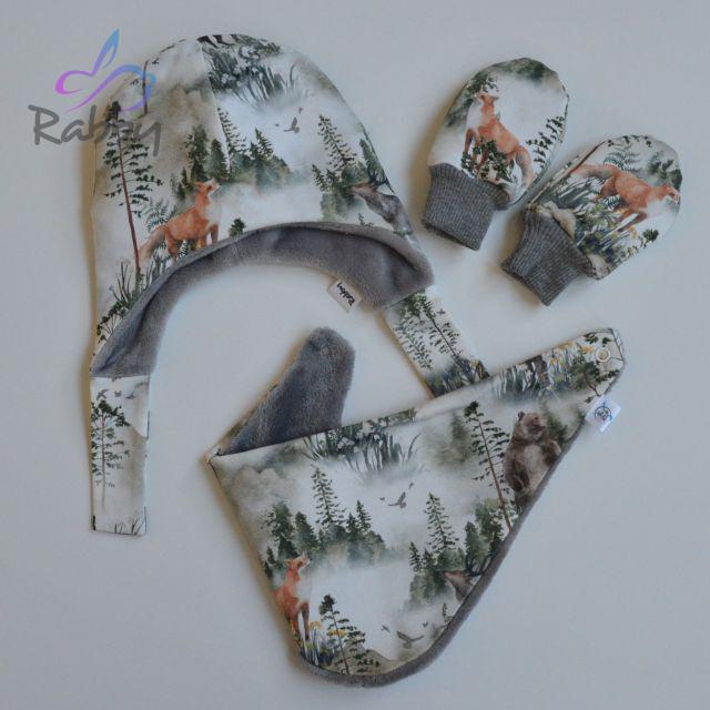 Zimní miminkovský set čepičky, šátku a rukaviček les vel. 38-41