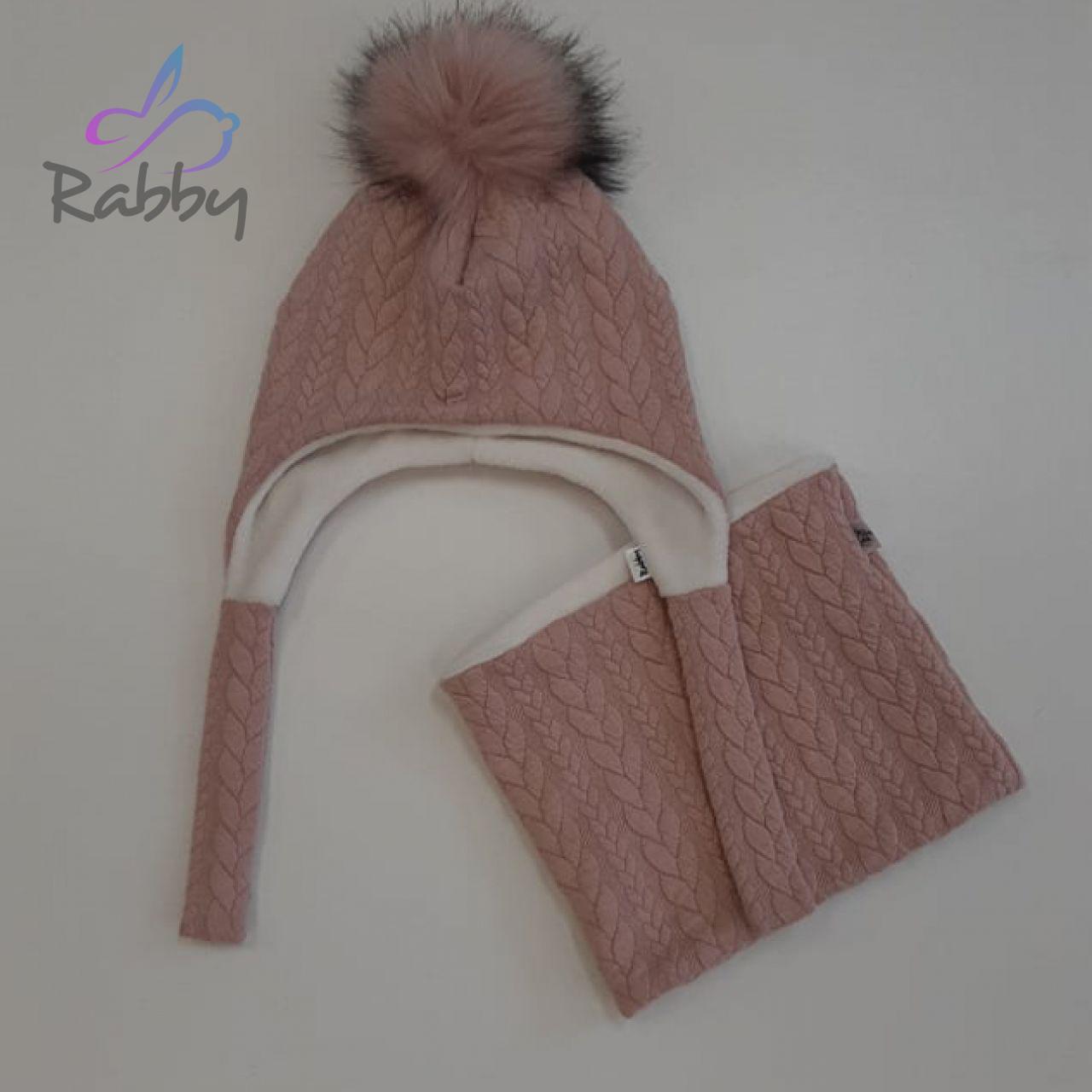 Set zimní ušanky a nákrčníku starorůžové copy s růžovou bambulí vel. 53-55