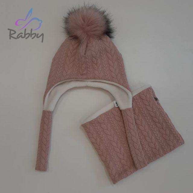 Set zimní ušanky a nákrčníku starorůžové copy s růžovou bambulí vel. 49-51