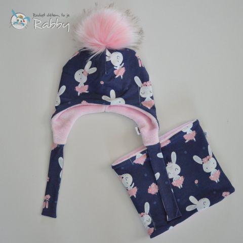 Set zimní ušanky a nákrčníku králíčci na modré vel. 49-51