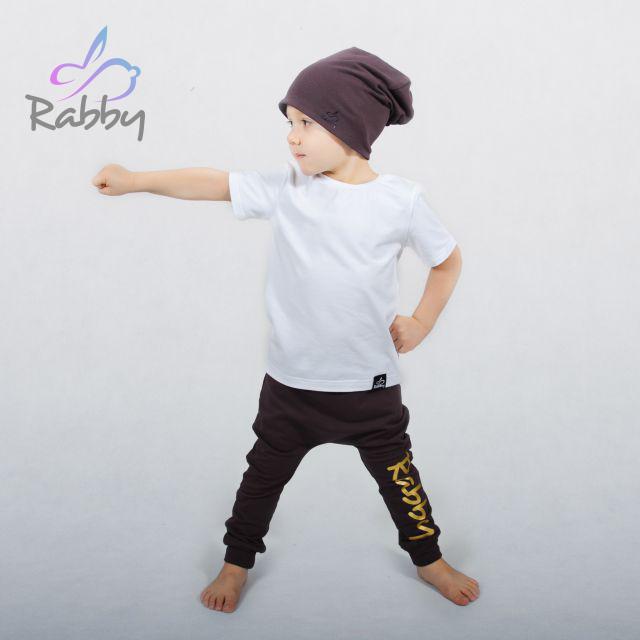 Baggy tepláčky hnědé se zlatým nápisem Rabby vel.  92