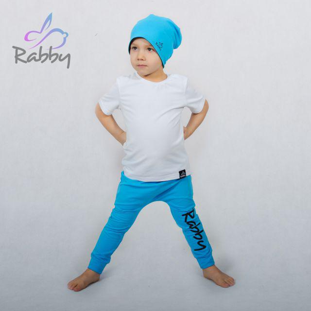 Baggy tepláčky tyrkysové s černým nápisem Rabby vel. 86