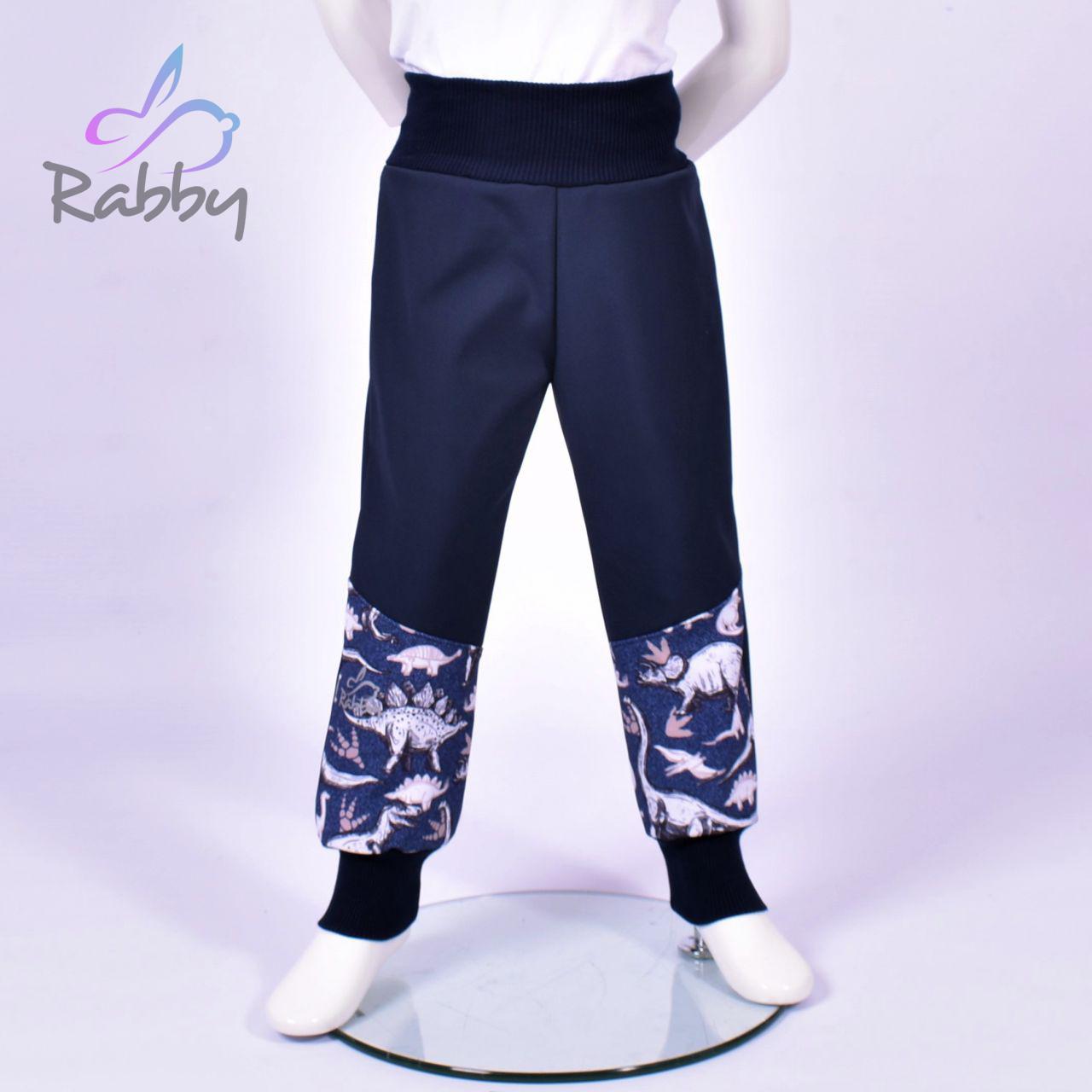 Zimní softshellové kalhoty modré s přestřižením dino na jeans - klasický střih vel. 104