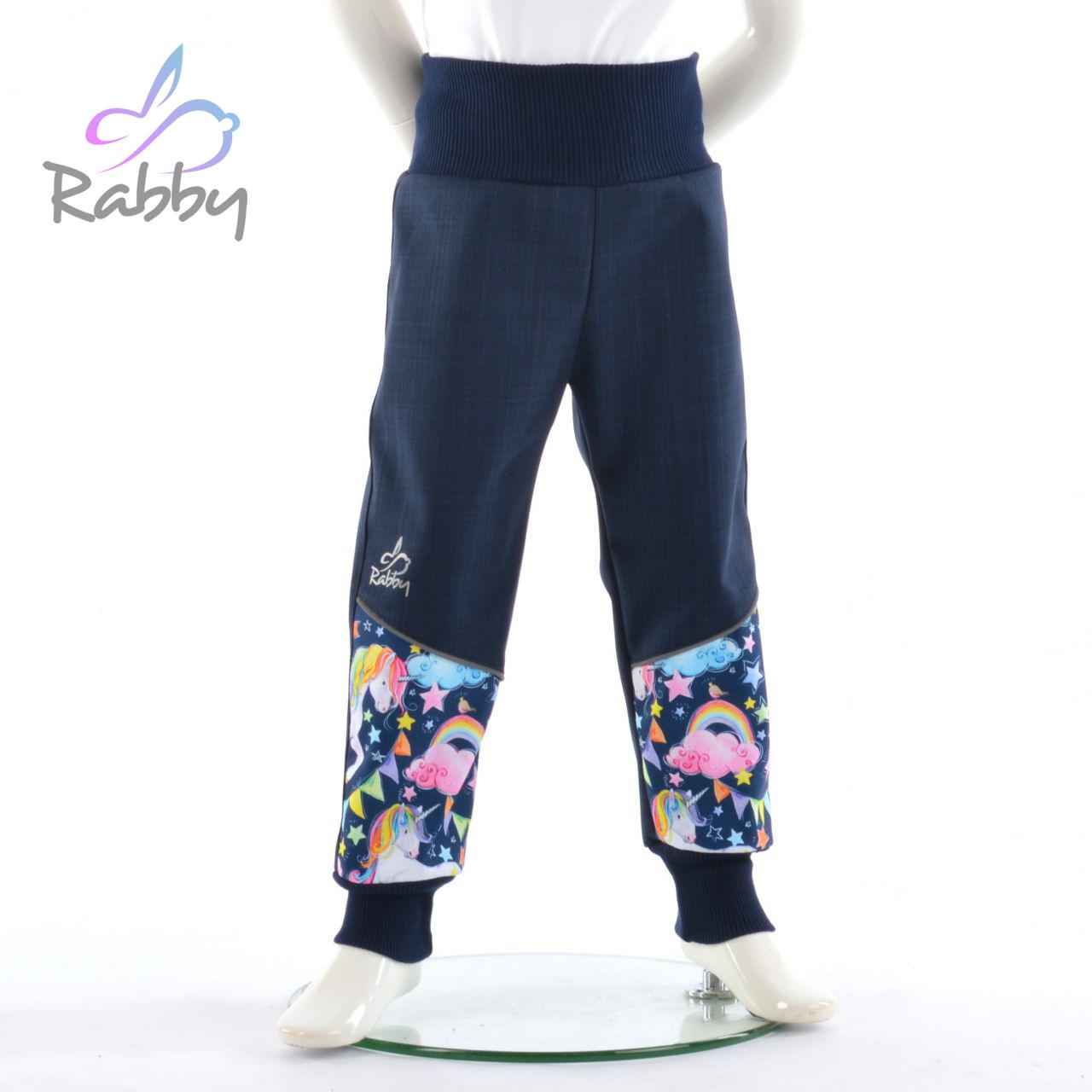 Jarní softshellové kalhoty modré s přestřižením s jednorožci - klasický střih vel. 98