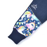 Jarní softshellové kalhoty modré s přestřižením s jednorožci - klasický střih vel. 98