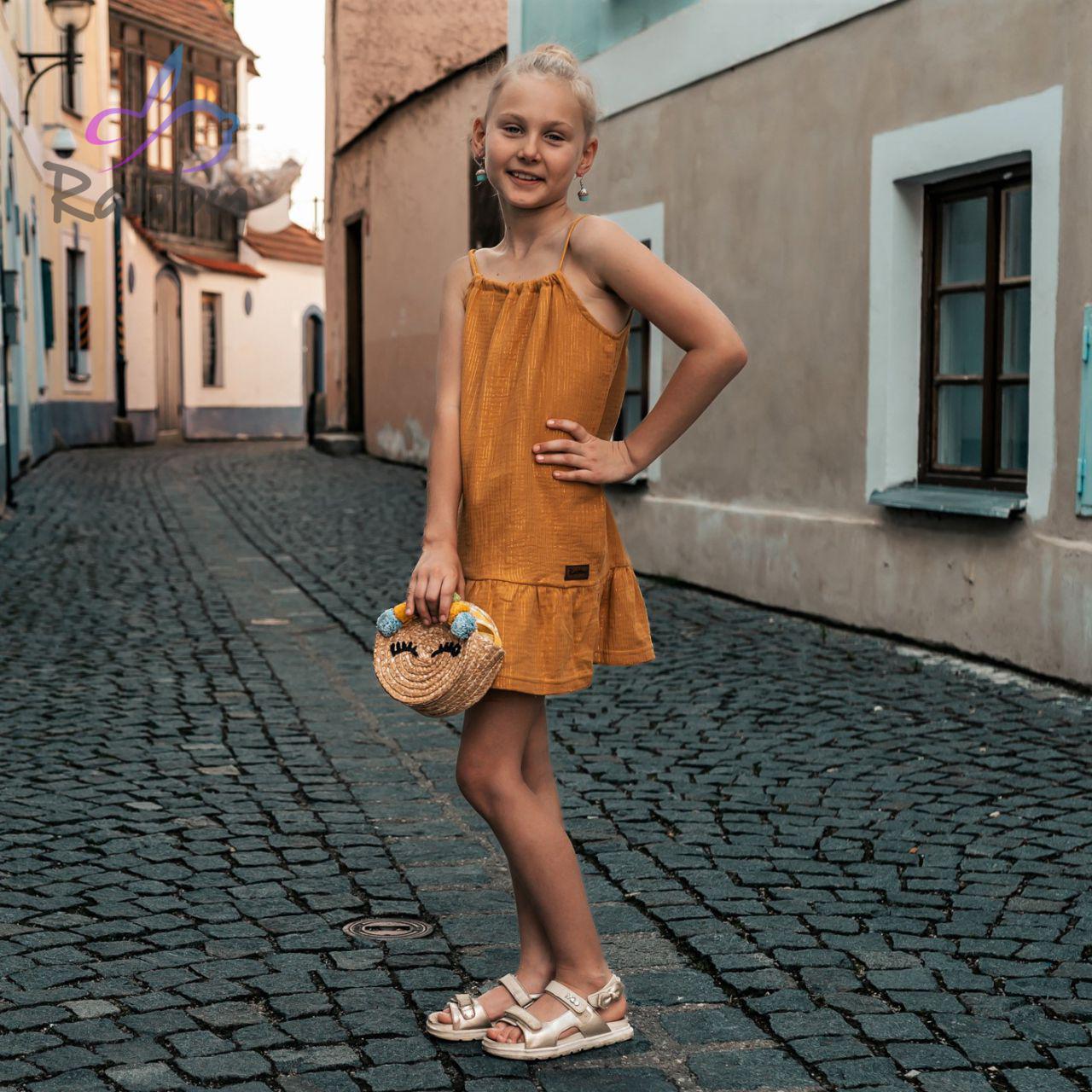 Mušelínové šaty na ramínka lurex okr vel. 86/92