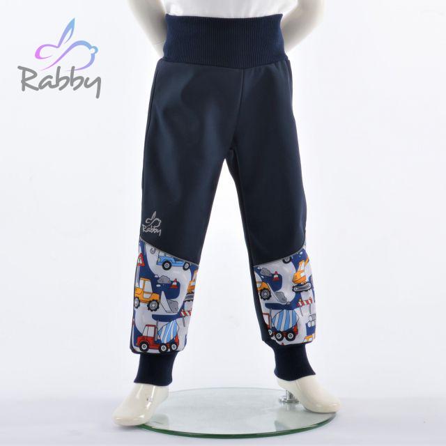 Zimní softshellové kalhoty modré s přestřižením auta a silnice - klasický střih vel. 92