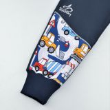 Zimní softshellové kalhoty modré s přestřižením auta a silnice - klasický střih vel. 98