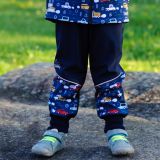 Zimní softshellové kalhoty modré s přestřižením auta na modré - klasický střih vel. 134