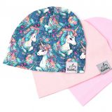Jednovrstvá klasická čepice jednorožci na modré vel. 46 (obvod hlavy 45-48 cm)