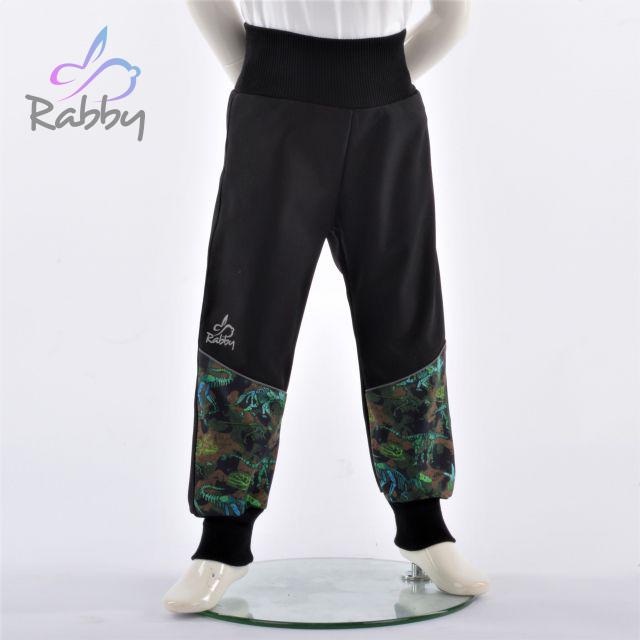 Zimní softshellové kalhoty černé s přestřižením dino na zelené - klasický střih vel. 104