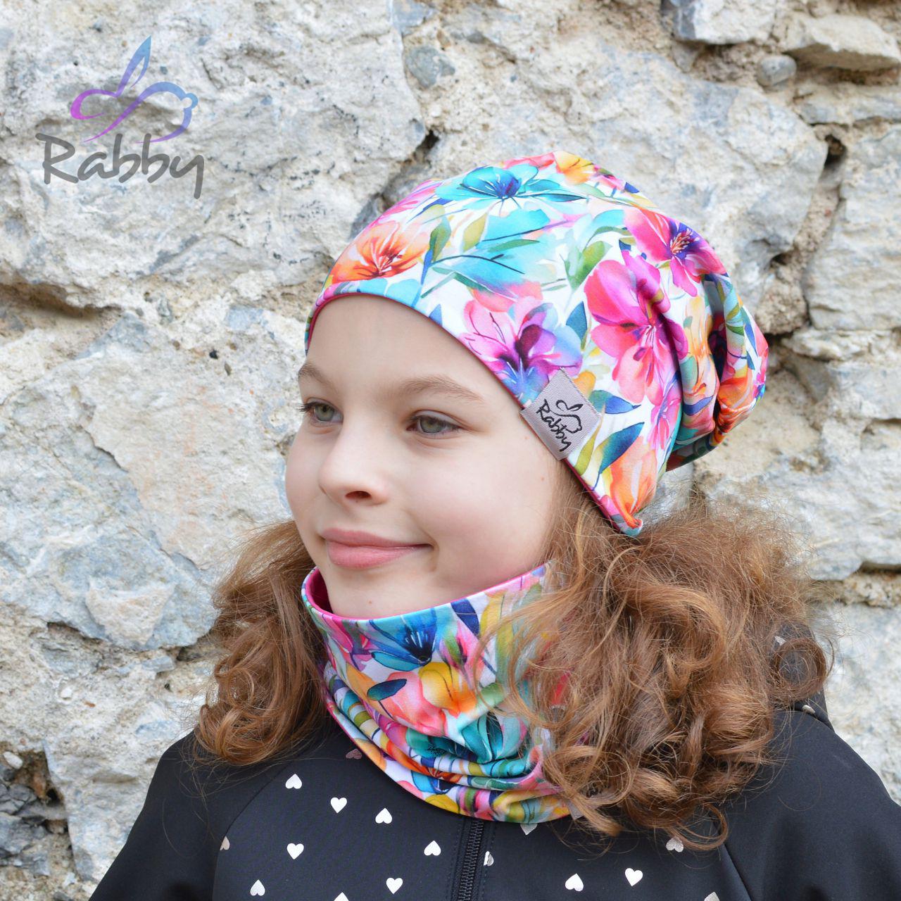 Set homeless čepice a nákrčníku pestré květy vel. 46 (obvod hlavy 45-48 cm)