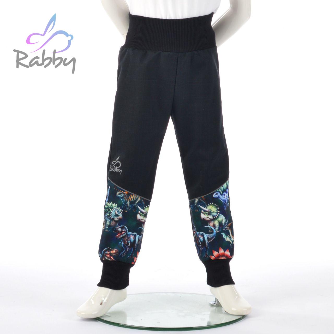 Jarní softshellové kalhoty černé s přestřižením dino na petroleji - klasický střih vel. 128