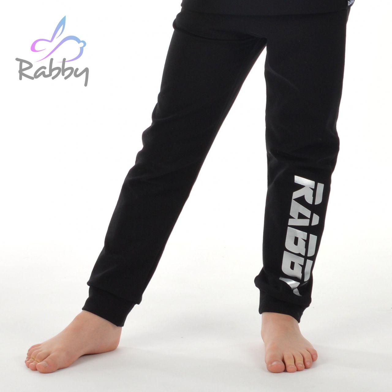 Klasické tepláky černé se stříbrným nápisem Rabby vel. 122