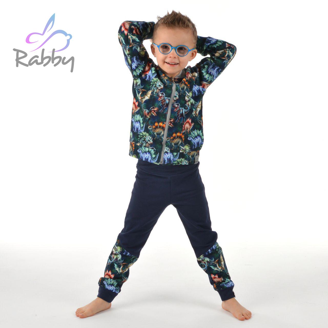 Klasické tepláky tm. modré s přestřižením dino na petroleji vel. 134