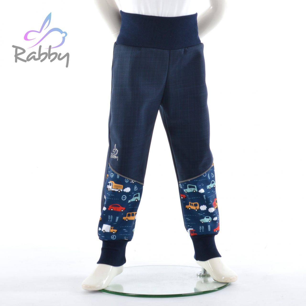 Jarní softshellové kalhoty modré s přestřižením auta na modré - klasický střih vel.  86