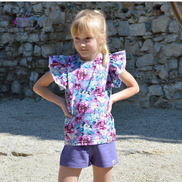 Tričko s volánovým rukávem fialové květy vel. 92