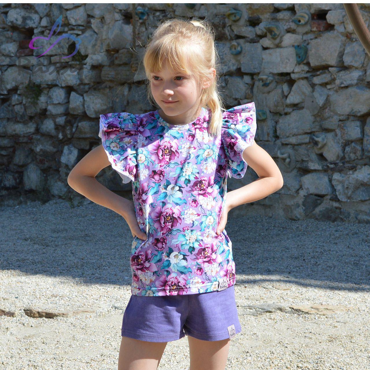 Tričko s volánovým rukávem fialové květy vel. 116