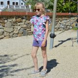 Tričko s volánovým rukávem fialové květy vel. 128