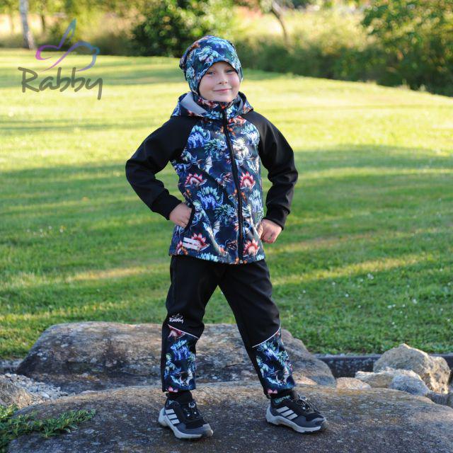 Zimní softshellové kalhoty černé s přestřižením dino na petroleji - klasický střih vel.  98