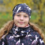 Set homeless čepice a nákrčníku jednorožci na černé vel. 52 (obvod hlavy 51-54 cm)