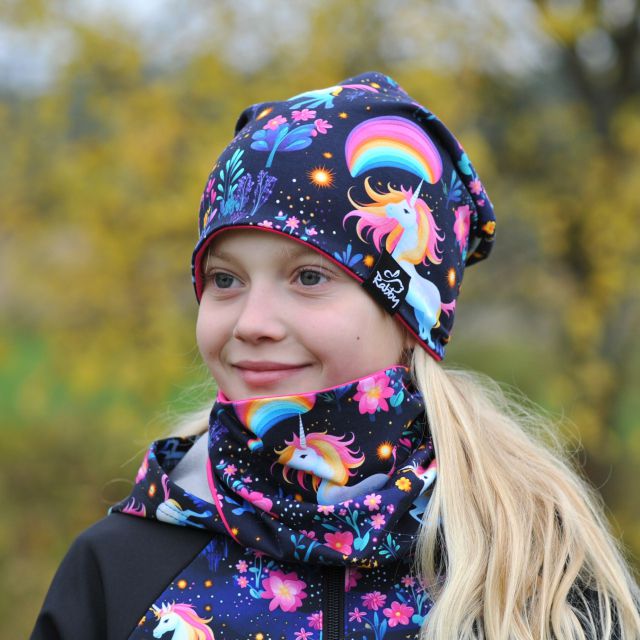 Set homeless čepice a nákrčníku barevný jednorožec vel. 48 (obvod hlavy 47-50 cm)