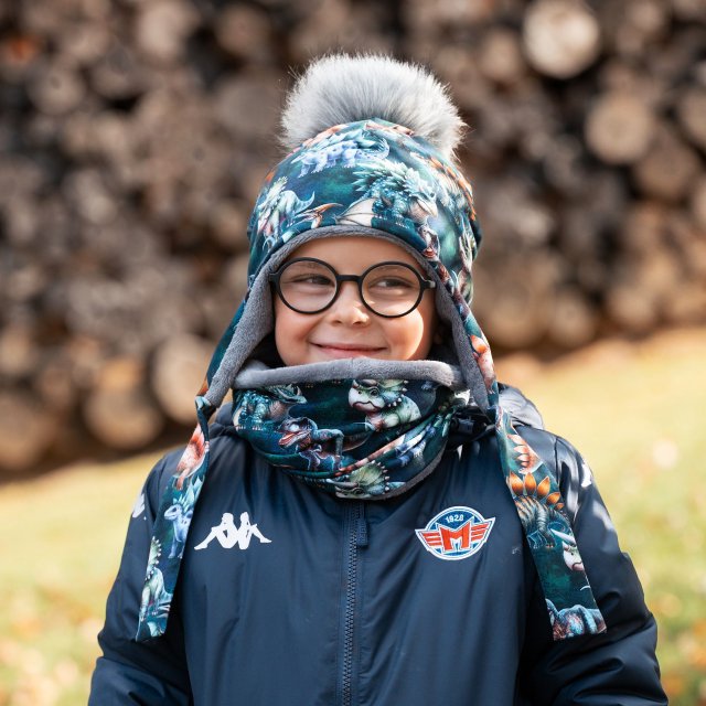 Set zimní ušanky a nákrčníku dino na petroleji vel. 46 (obvod hlavy 45-48 cm)