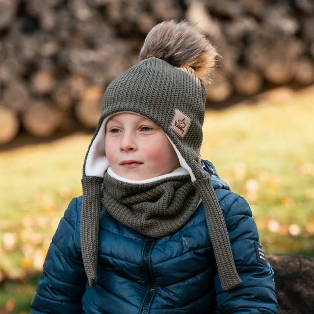 Set zimní ušanky a nákrčníku khaki pletenina vel. 46 (obvod hlavy 45-48 cm)