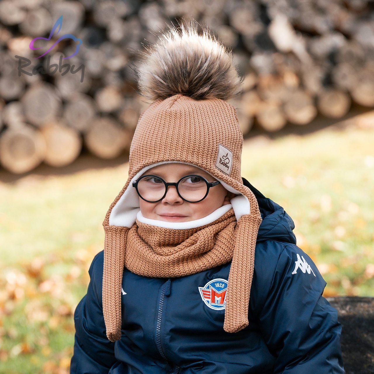 Set zimní ušanky a nákrčníku camel pletenina vel. 46 (obvod hlavy 45-48 cm)