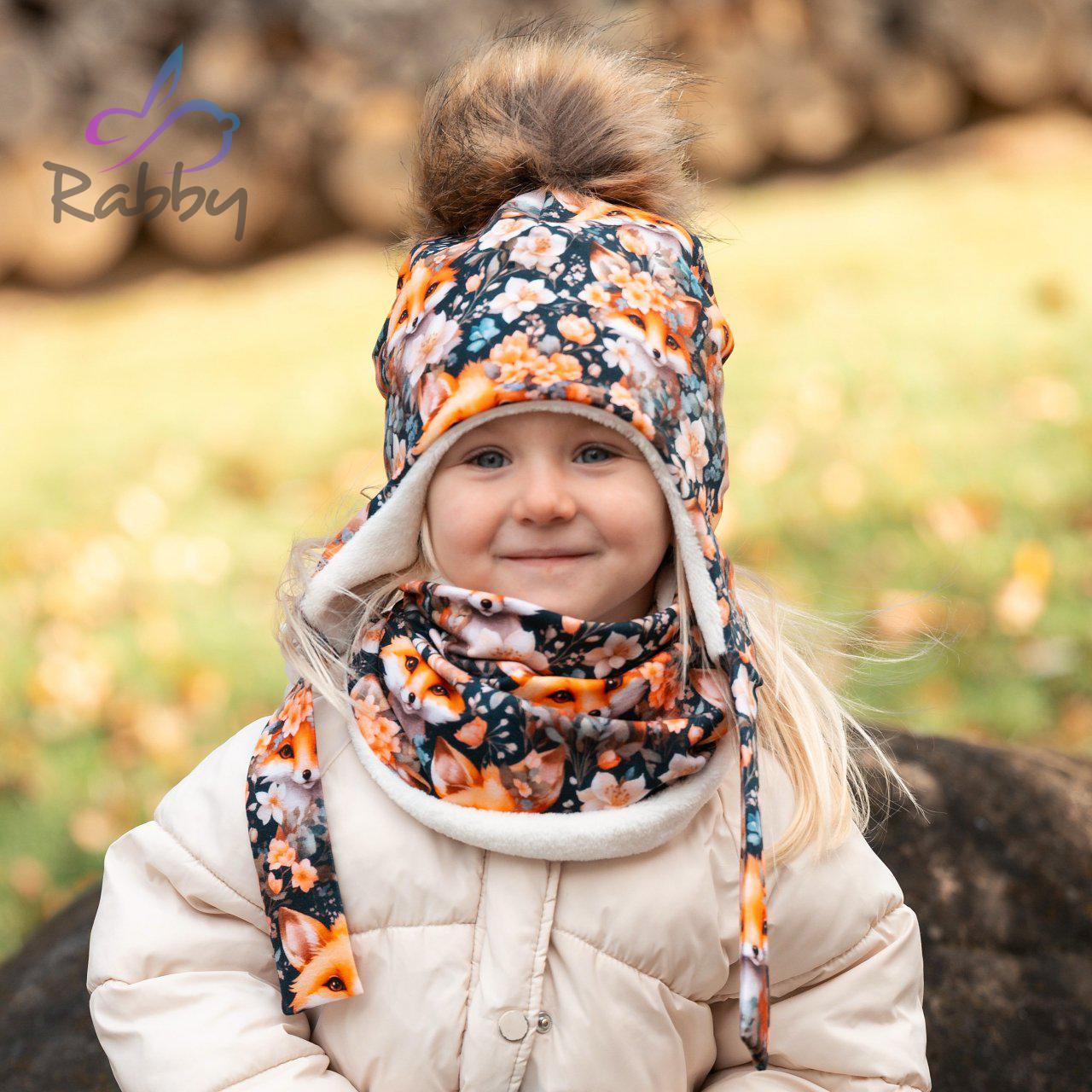 Set zimní ušanky a nákrčníku liška s květy vel. 54 (obvod hlavy 53-56 cm)