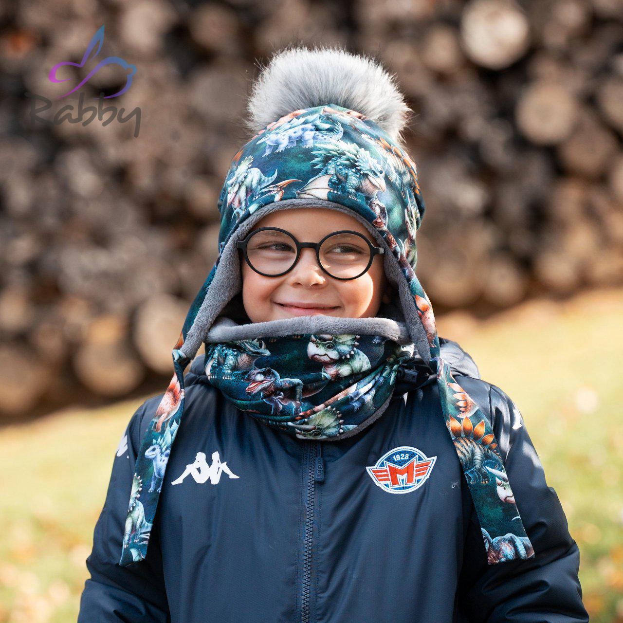 Set zimní ušanky a nákrčníku dino na petroleji vel. 54 (obvod hlavy 53-56 cm)