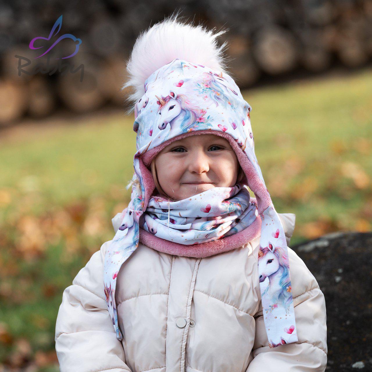 Set zimní ušanky a nákrčníku jednorožec vel. 54 (obvod hlavy 53-56 cm)