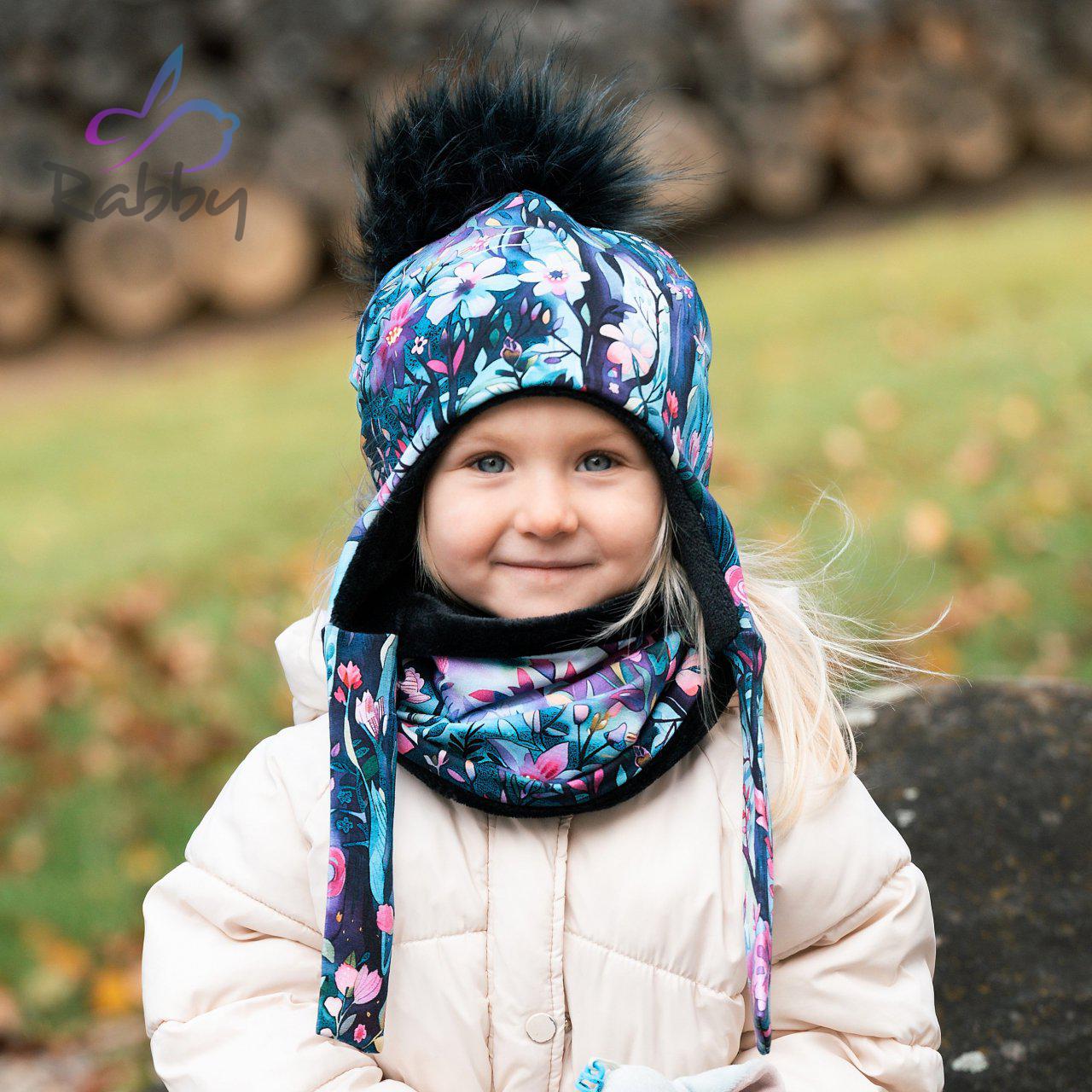 Set zimní ušanky a nákrčníku rozkvetlý les vel. 52 (obvod hlavy 51-54 cm)