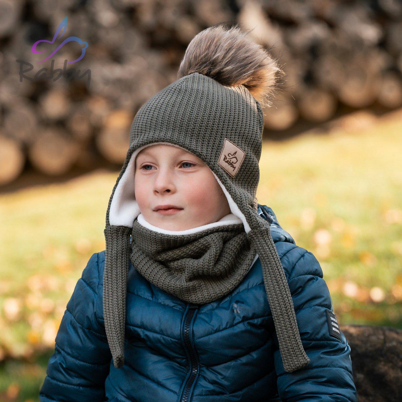 Set zimní ušanky a nákrčníku khaki pletenina vel. 54 (obvod hlavy 53-56 cm)