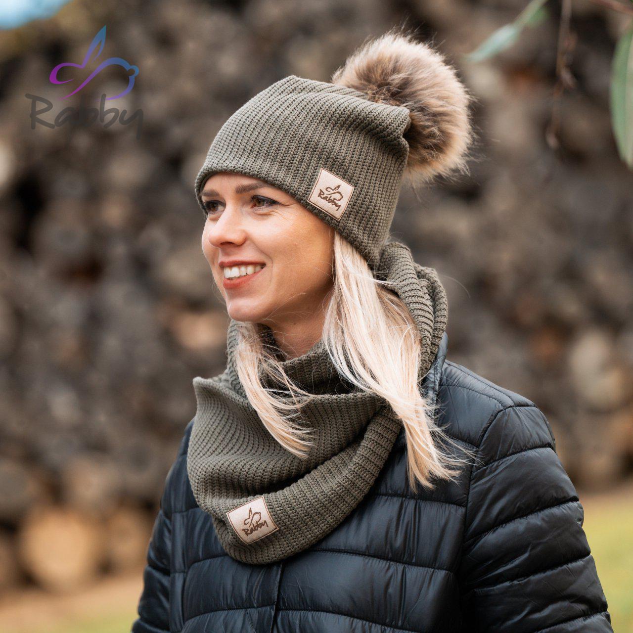 Dámská zimní čepice khaki pletenina vel. 55 (obvod hlavy 54-57 cm)