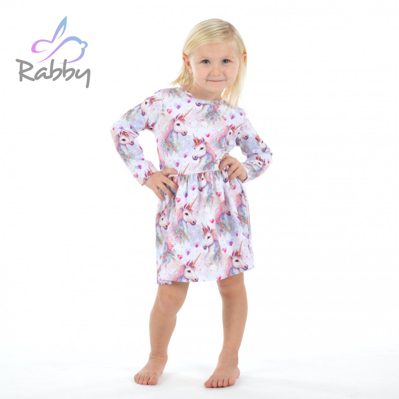 Šaty řasené s dlouhým rukávem jednorožec vel. 128