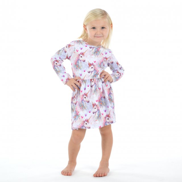 Šaty řasené s dlouhým rukávem jednorožec vel. 146