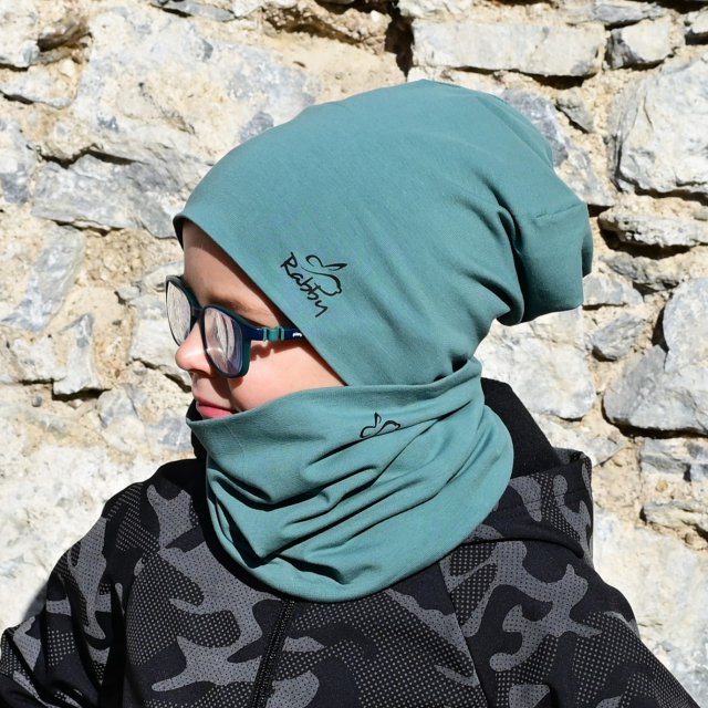 Set homeless čepice a nákrčníku starozelená vel. 48 (obvod hlavy 47-50 cm)