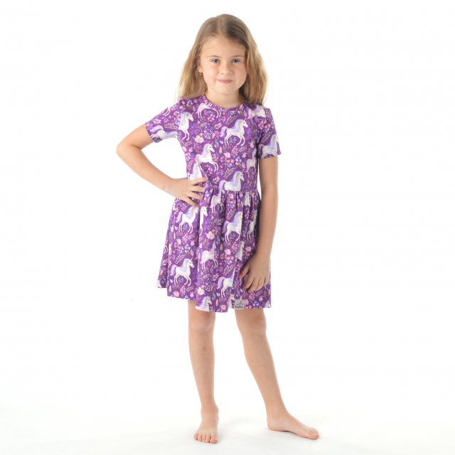 Šaty řasené jednorožec na fialové vel.  80