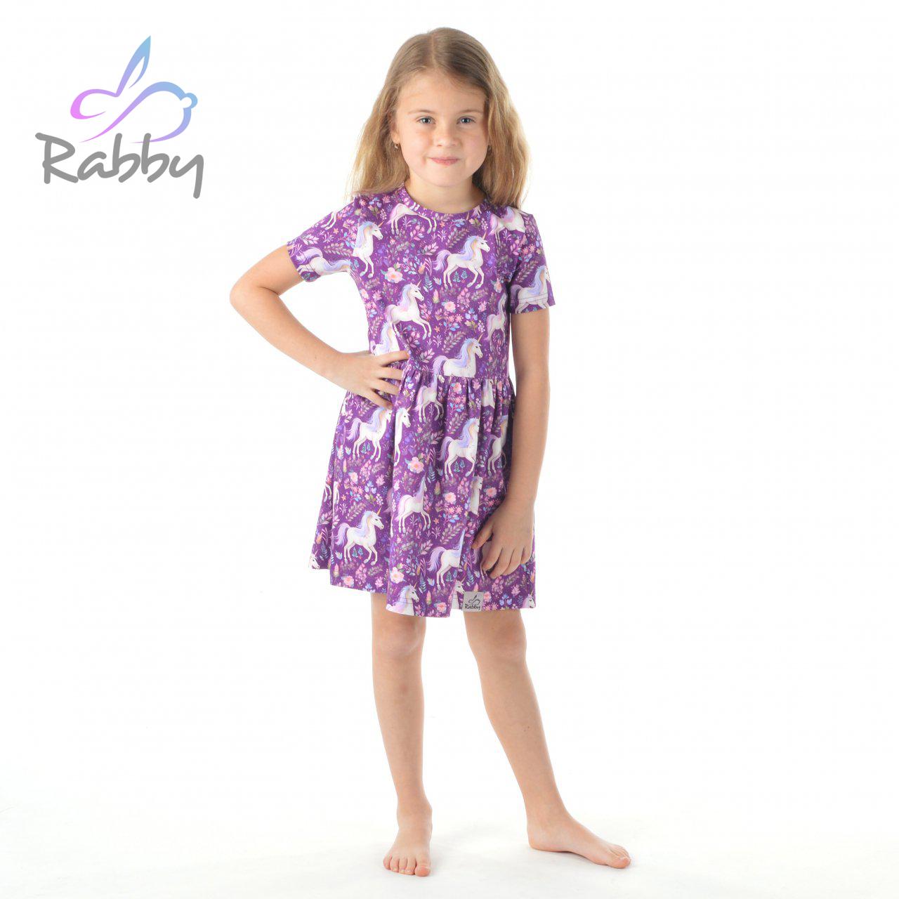 Šaty řasené jednorožec na fialové vel.  86