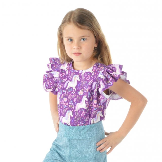 Tričko s volánovým rukávem jednorožec na fialové vel.  98