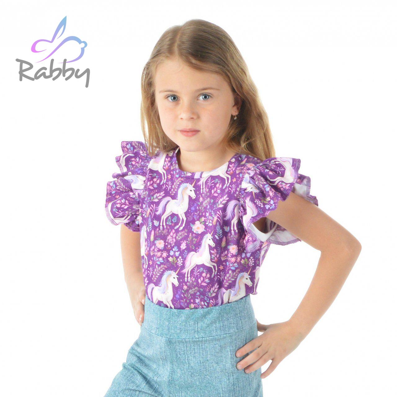Tričko s volánovým rukávem jednorožec na fialové vel. 140